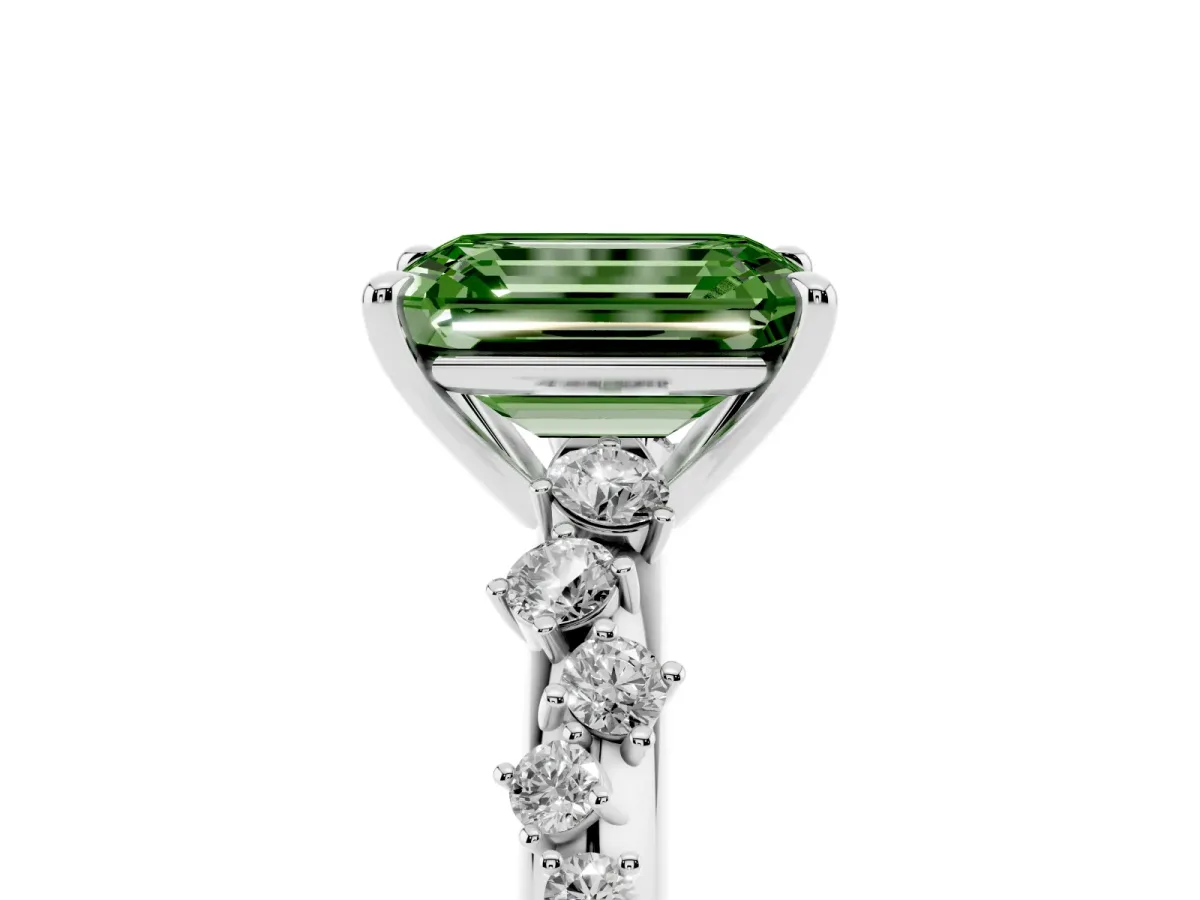 Fancy Green Emerald Cut Diamond Cluster Side Stone Solitaire Ring with Prong Setting Platinum