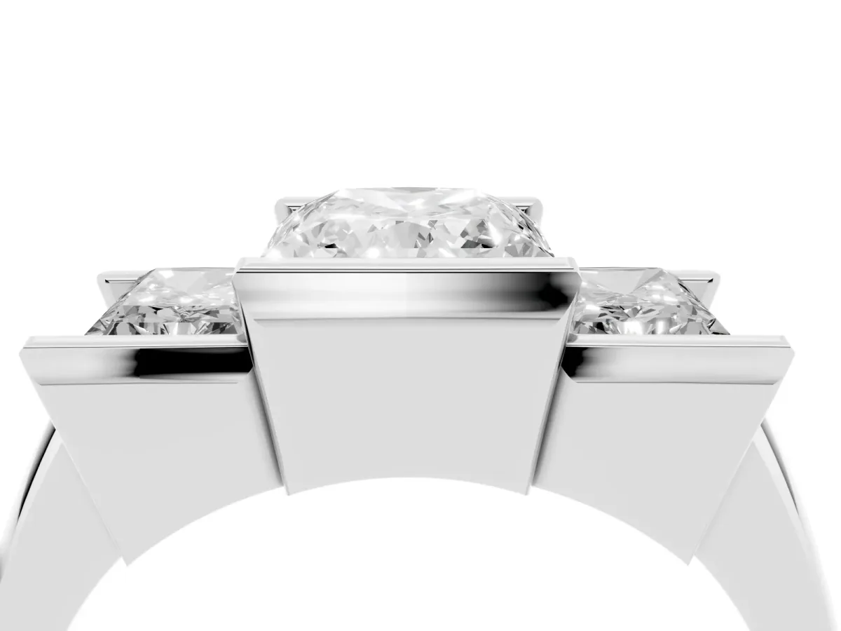 Three Stone Radiant Cut Cut Channel Set Diamond Ring Silver