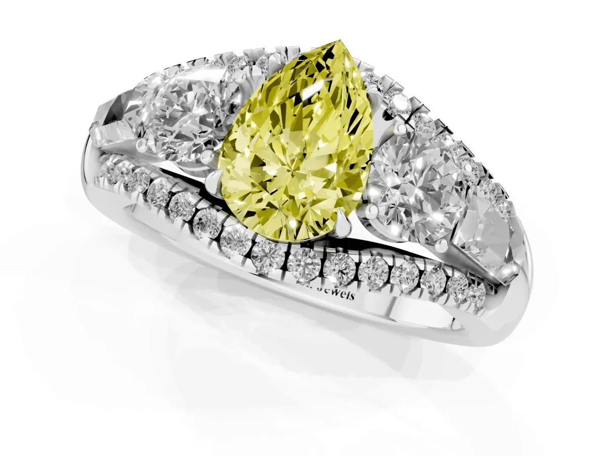Fancy Yellow Three-Stone Pear Cut Diamond Engagement Ring with Pave Band and Prong Setting Silver