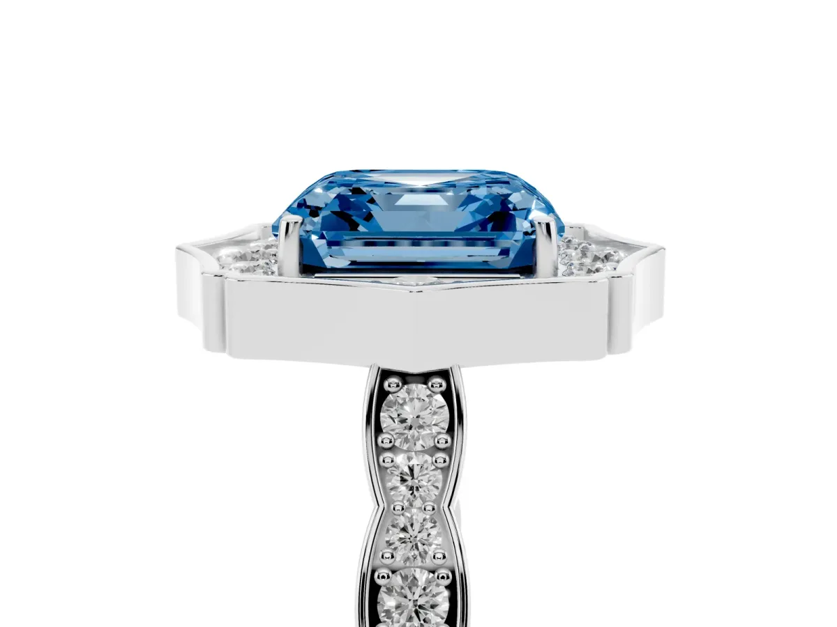Fancy Blue Asscher Cut Halo Diamond Engagement Ring with Milgrain Band and Four-Prong Setting Platinum