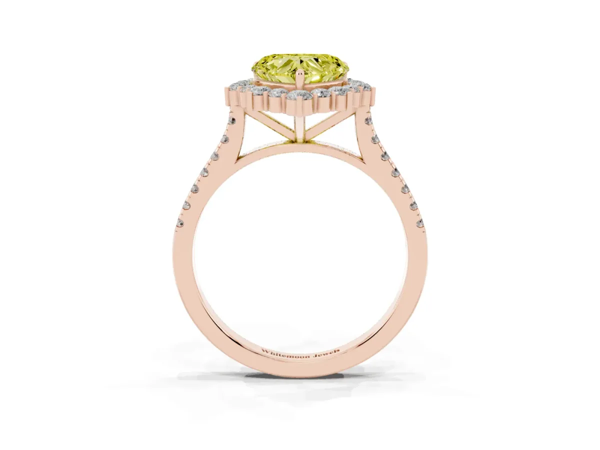 Fancy Yellow Heart Cut Halo Diamond Ring with Pavé Band and Prong Setting Rose gold