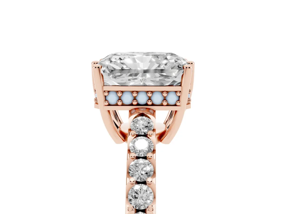 Radiant Cut Solitaire Diamond Engagement Ring with Pavé Band and Six-Prong Setting Rose gold