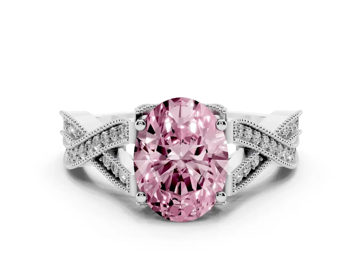 Fancy Pink Oval Cut Cut Diamond Twisted Band with Milgrain Pave Setting and Four-Prong Setting Silver