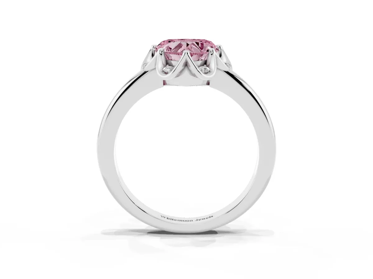 Fancy Pink Heart Cut Halo Diamond Ring with Round Cluster Setting, Solitaire Band, and Four-Prong Setting Silver