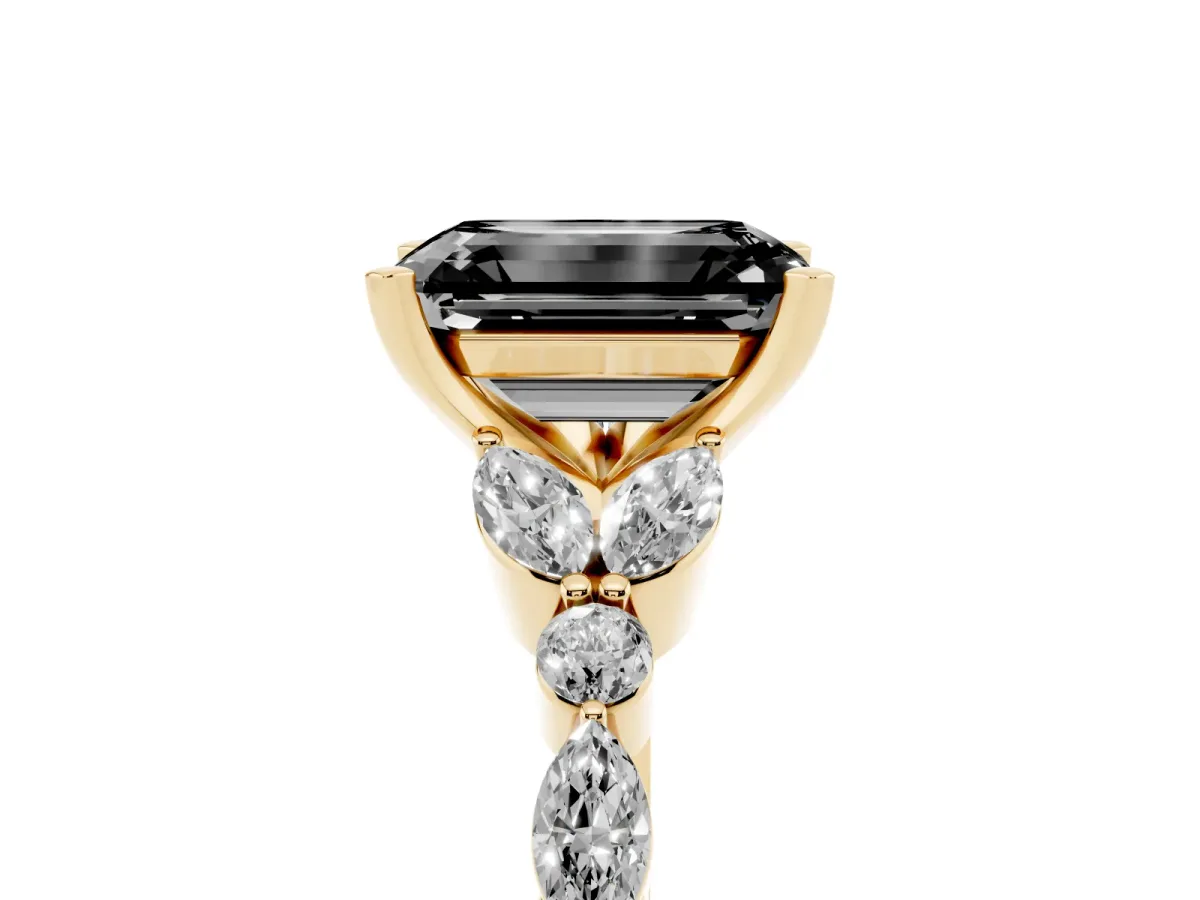 Fancy Black Emerald Cut Diamond Solitaire Ring with Side Stones and Four-Prong Setting Yellow gold