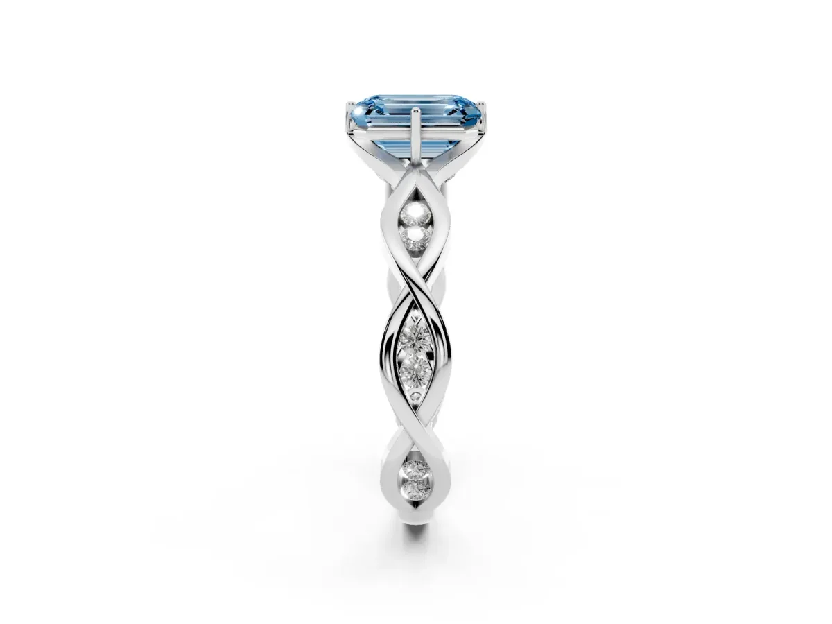 Fancy Blue Emerald Cut Solitaire Twist Band with Leaf Prong Setting Platinum