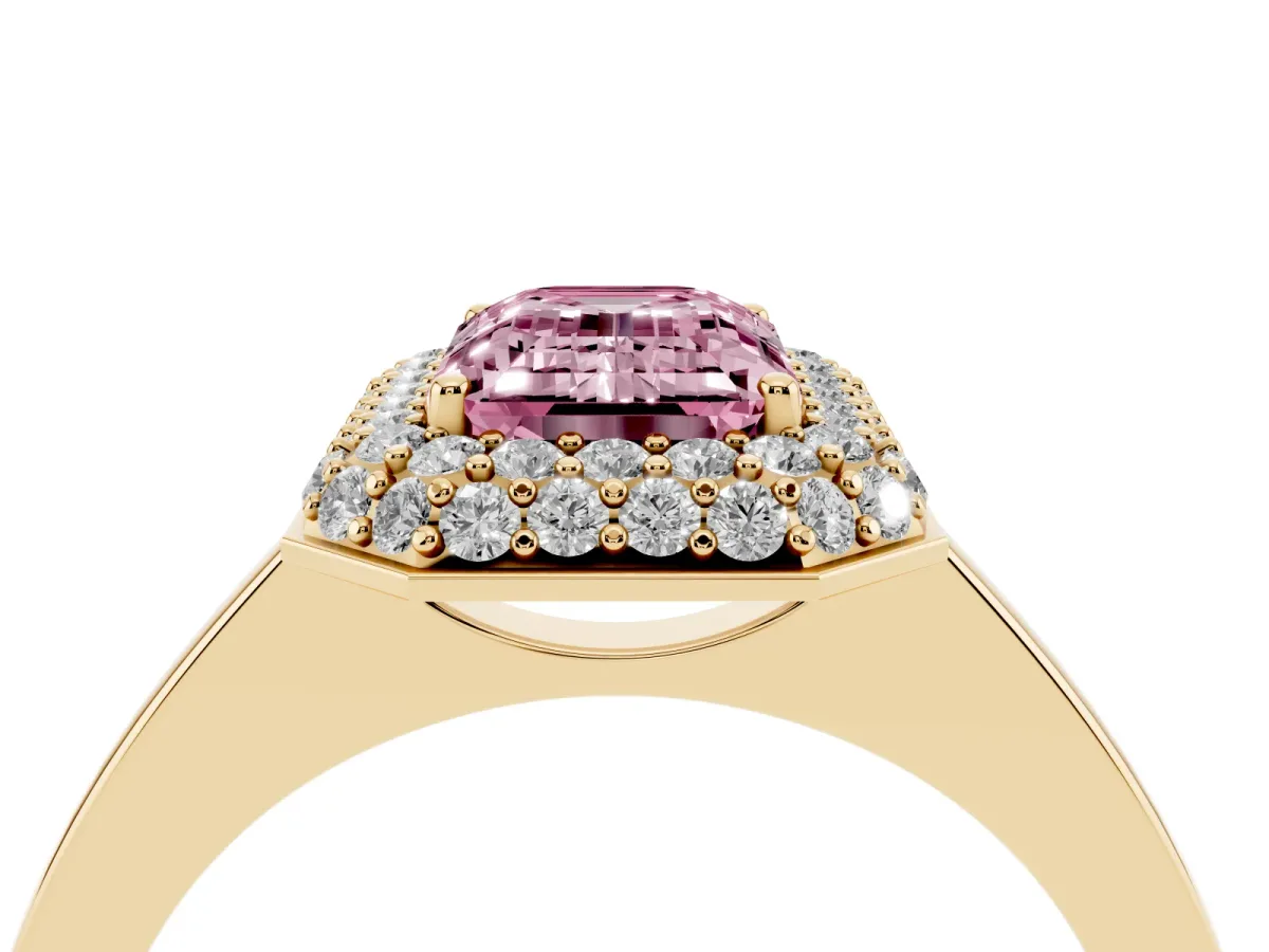 Fancy Pink Emerald Cut Halo Diamond Engagement Ring with Solitaire Band and Four-Prong Setting Yellow gold