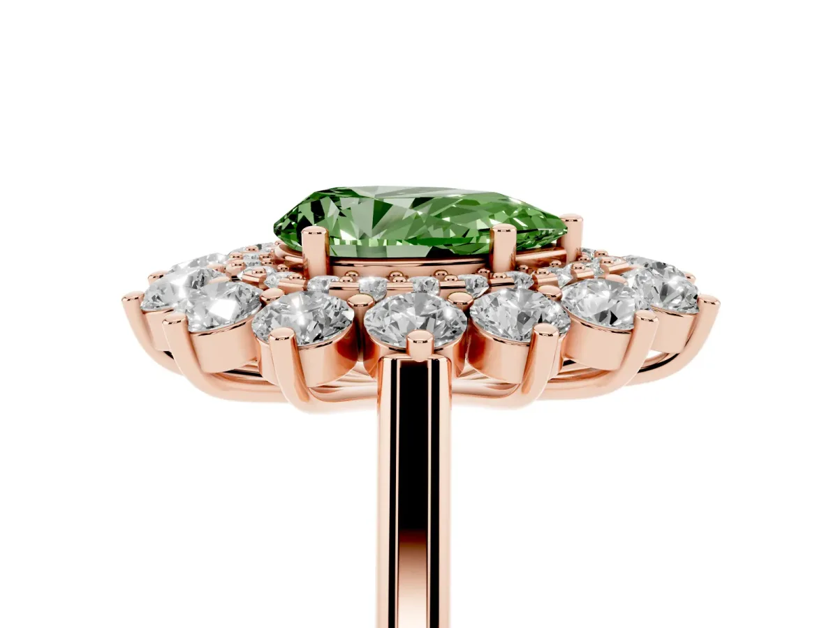 Fancy Green Pear Cut Diamond Floral Double Halo Engagement Ring with Prong Setting Rose gold