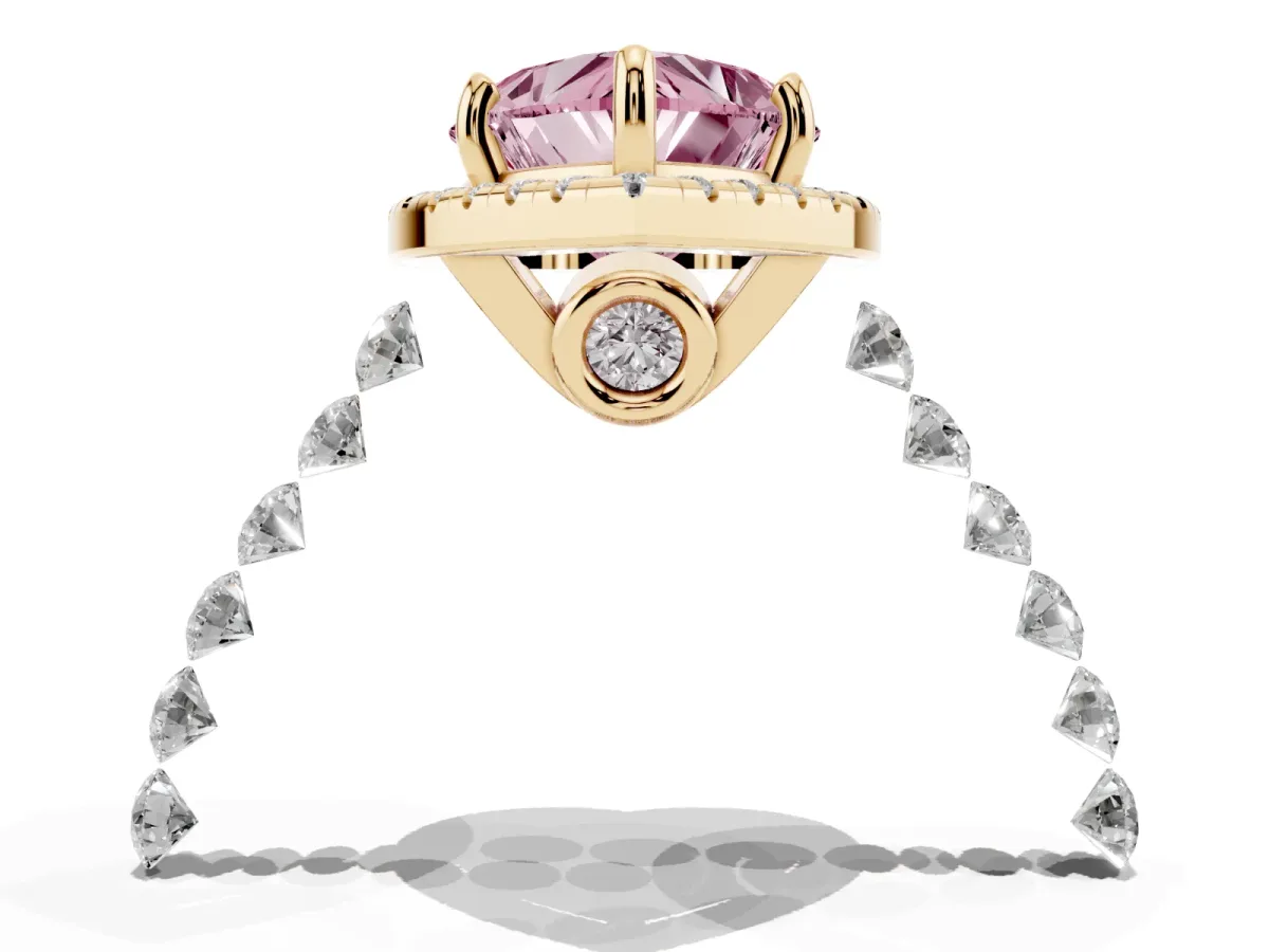 Fancy Pink Heart Cut Halo Pavé Diamond Engagement Ring with Four-Prong Setting Yellow gold