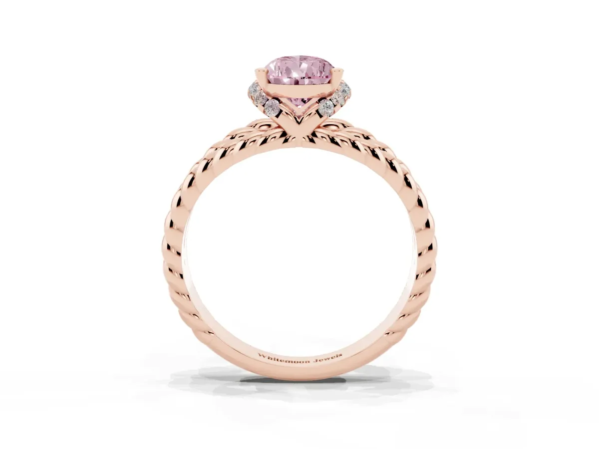 Fancy Pink Pear Cut Halo Twisted Band Four-Prong Ring Rose gold