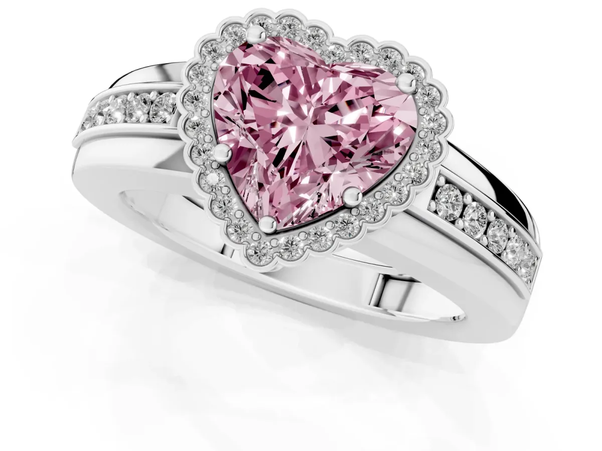 Fancy Pink Heart Cut Cut Halo Pave Band Four-Prong Ring Silver