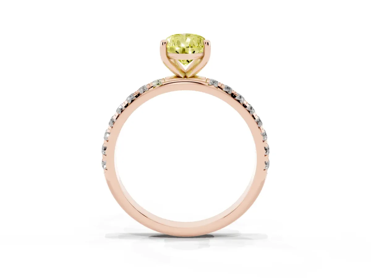 Fancy Yellow Pear Cut Cut Diamond Solitaire Ring with Micro Pave Band and Four Prong Setting Rose gold