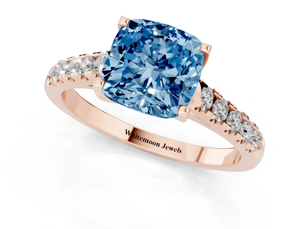 Fancy Blue Cushion Cut Diamond Pavé Band Solitaire Ring with Prong Setting Rose gold