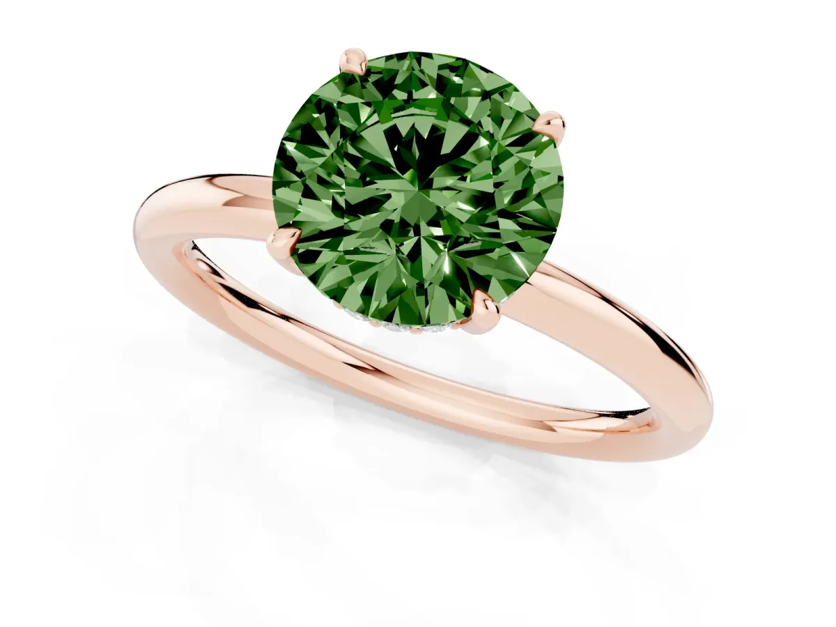 Fancy Green Round Cut Diamond Solitaire Ring with Thin Band and Four-Prong Setting Rose gold