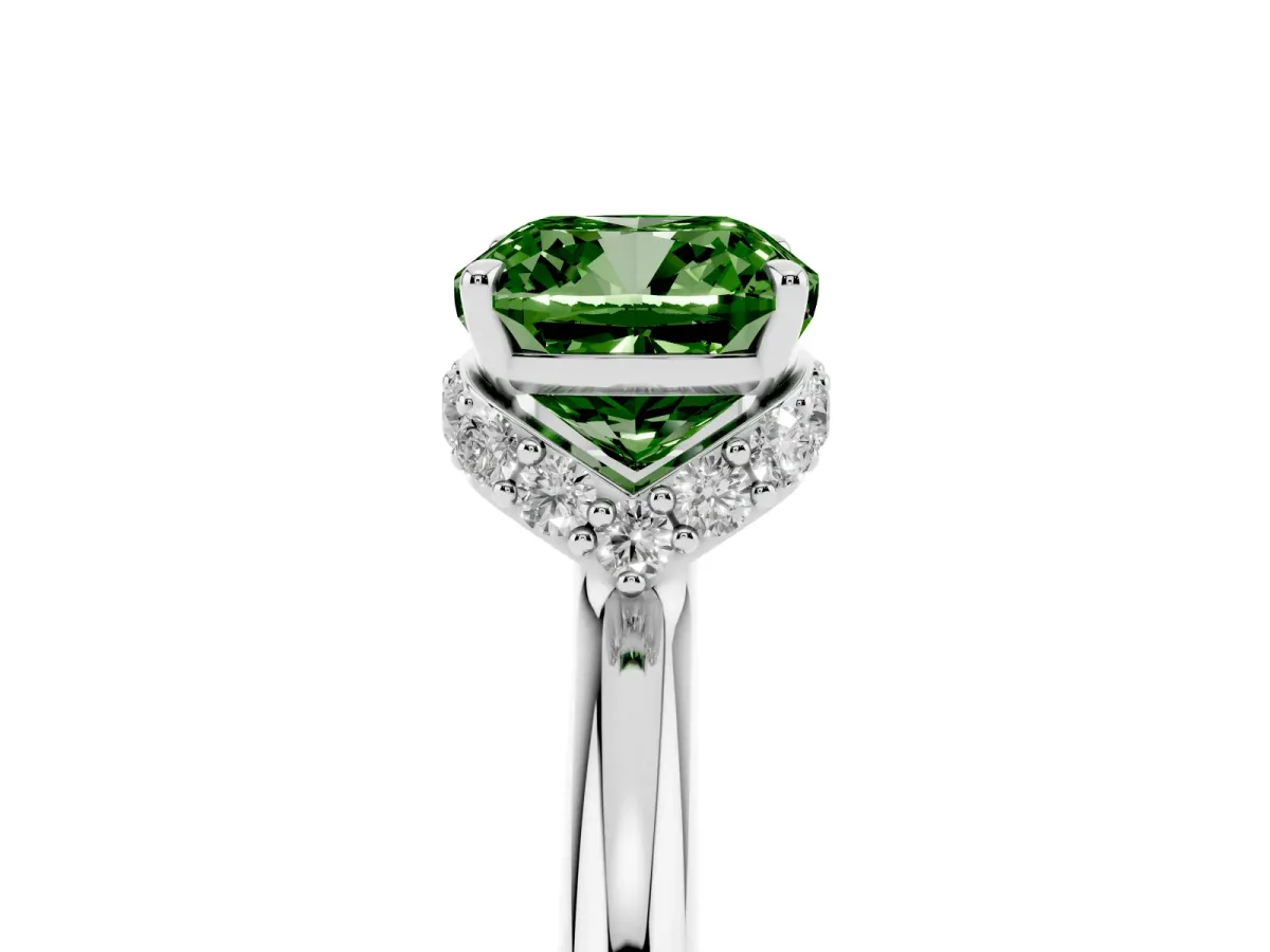 Fancy Green Cushion Cut Brilliant Solitaire Engagement Ring with Six-Prong Setting and Classic Band Silver