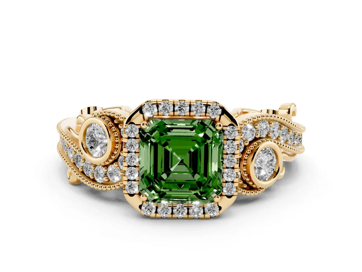 Fancy Green Asscher Cut Diamond Halo Ring with Milgrain Pavé Band and Four-Prong Setting Yellow gold
