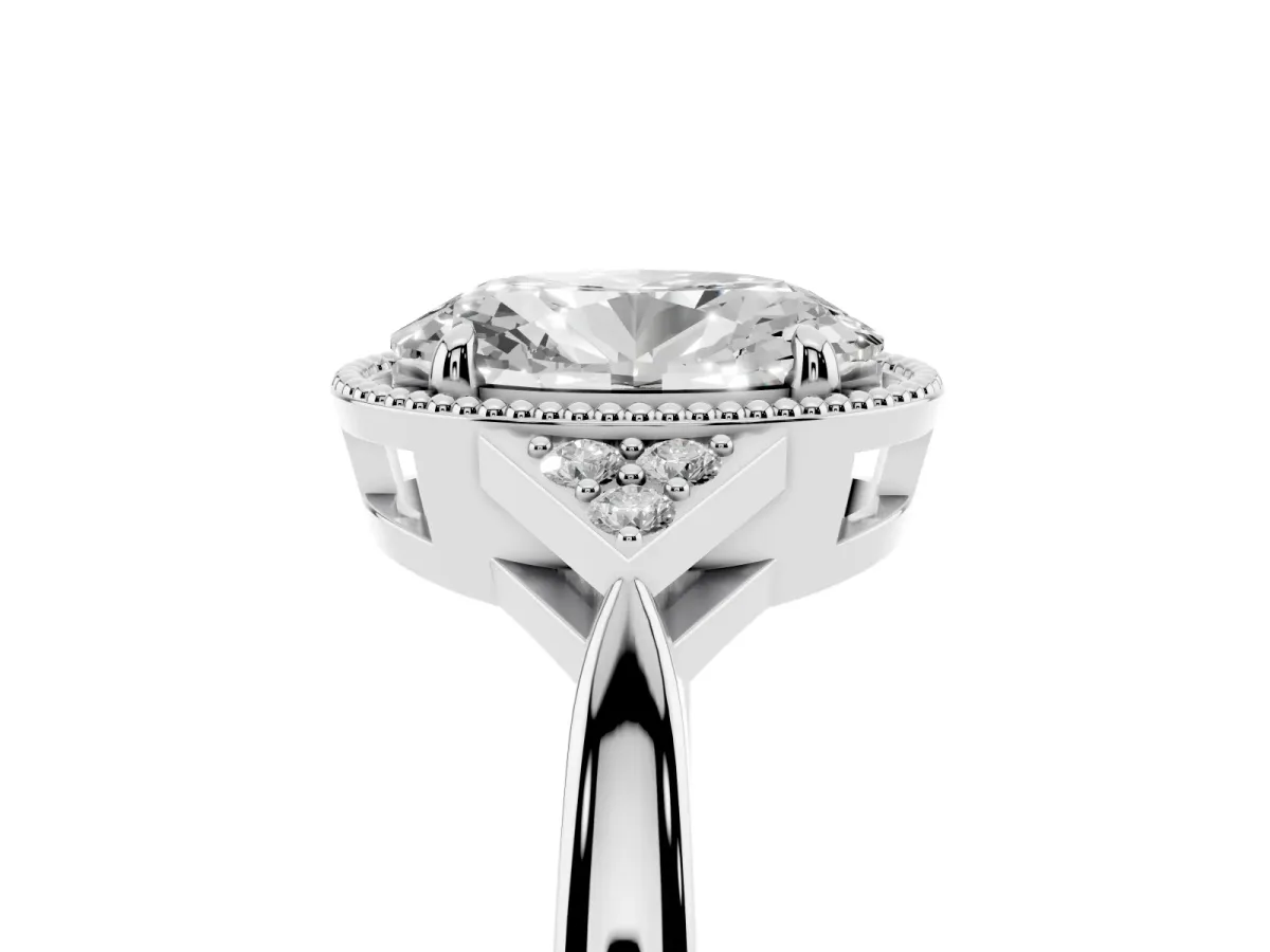 Hexagonal Halo Oval Cut Diamond Solitaire with Pavé Band and Four-Prong Setting Platinum