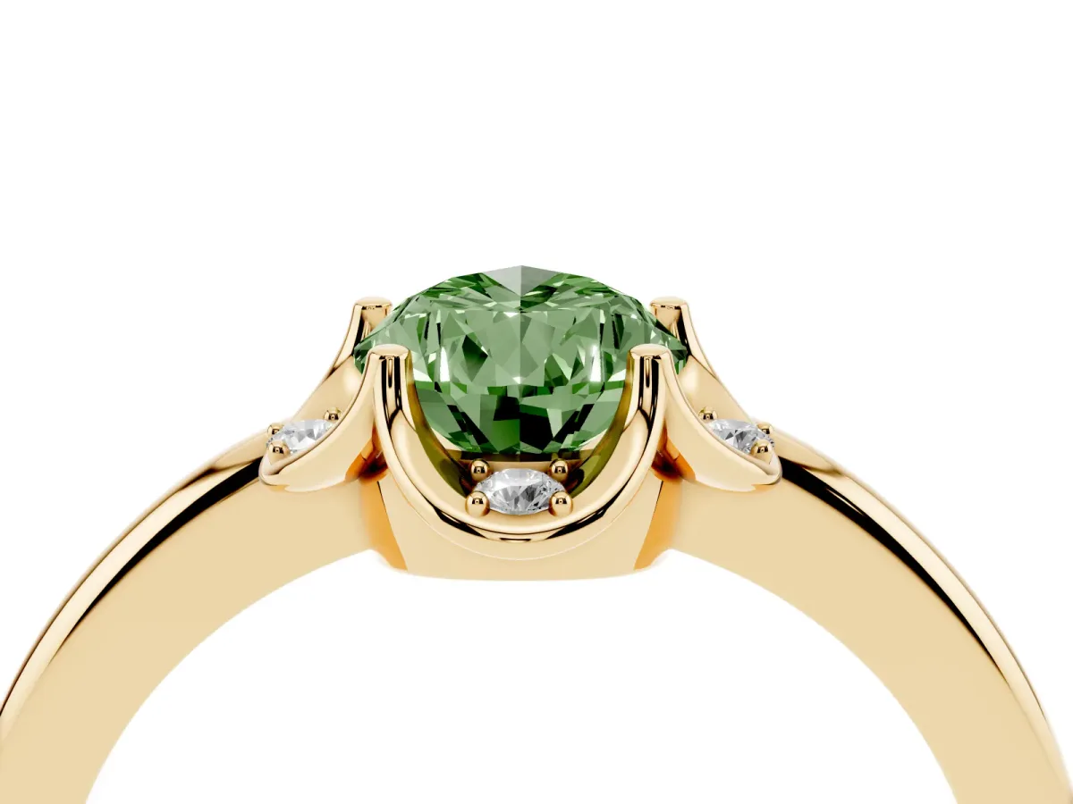 Fancy Green Pear Cut Halo Diamond Ring with Round Cluster Setting, Solitaire Band, and Four-Prong Setting Yellow gold