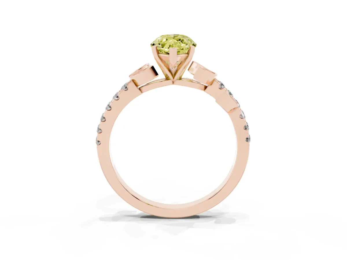 Fancy Yellow Marquise Cut Solitaire Leaf-Inspired Diamond Ring with Pavé Band and Four-Prong Setting Rose gold