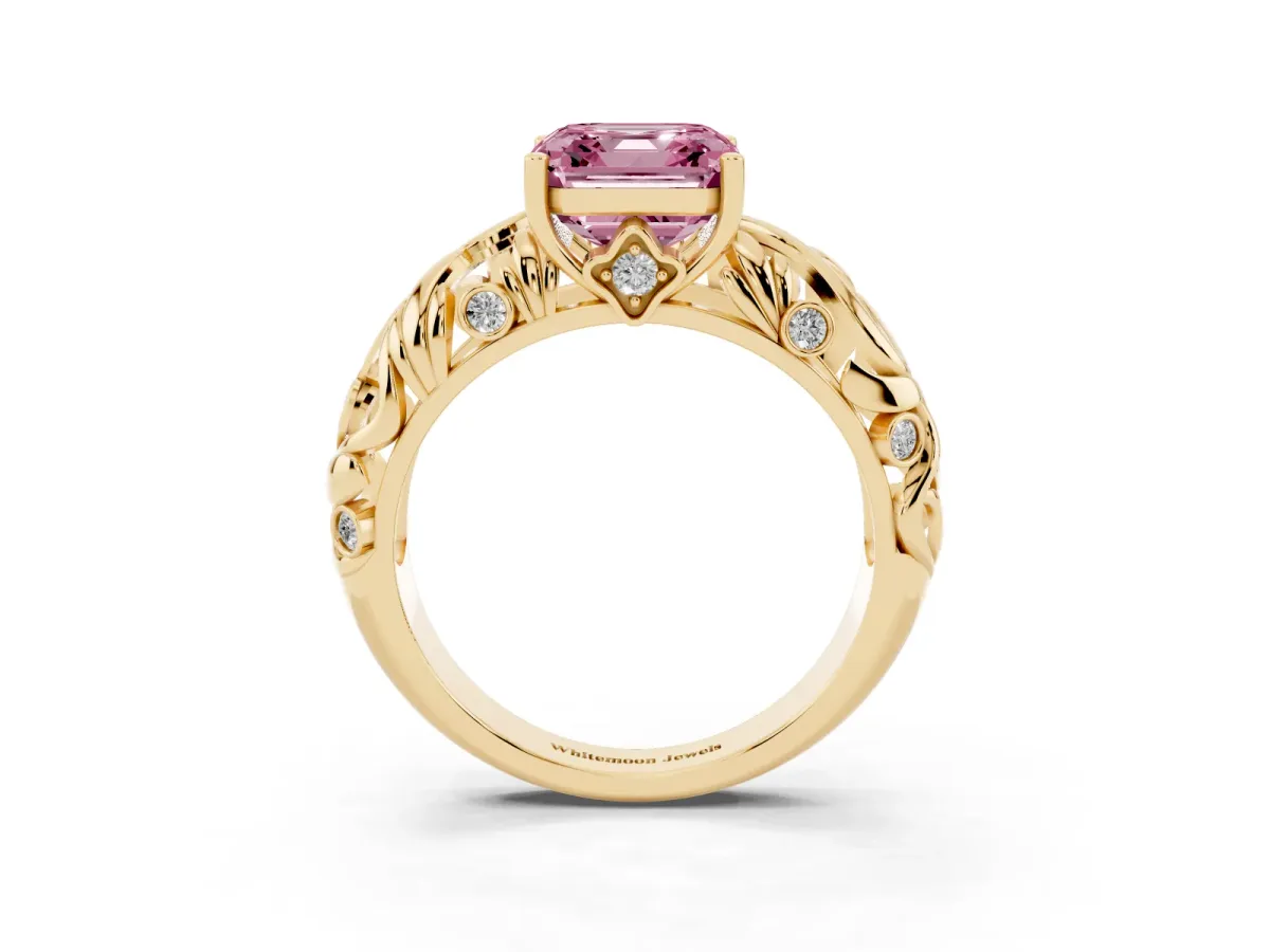 Fancy Pink Asscher Cut Solitaire Diamond Leaf-Inspired Vine Band Ring with Prong Setting Yellow gold