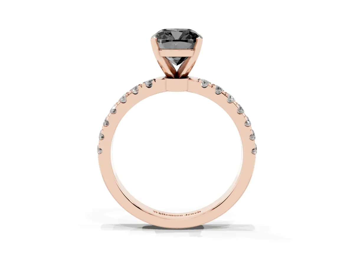 Fancy Black Cushion Cut Diamond Solitaire Ring with Pavé Accents and Four-Prong Setting Rose gold