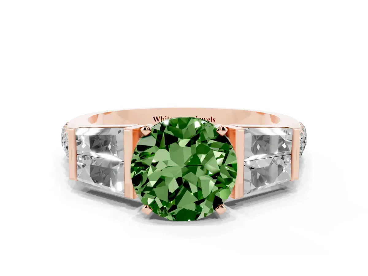 Fancy Green Round Cut Diamond Engagement Ring with Baguette Side Stones and Channel Set Band Rose gold