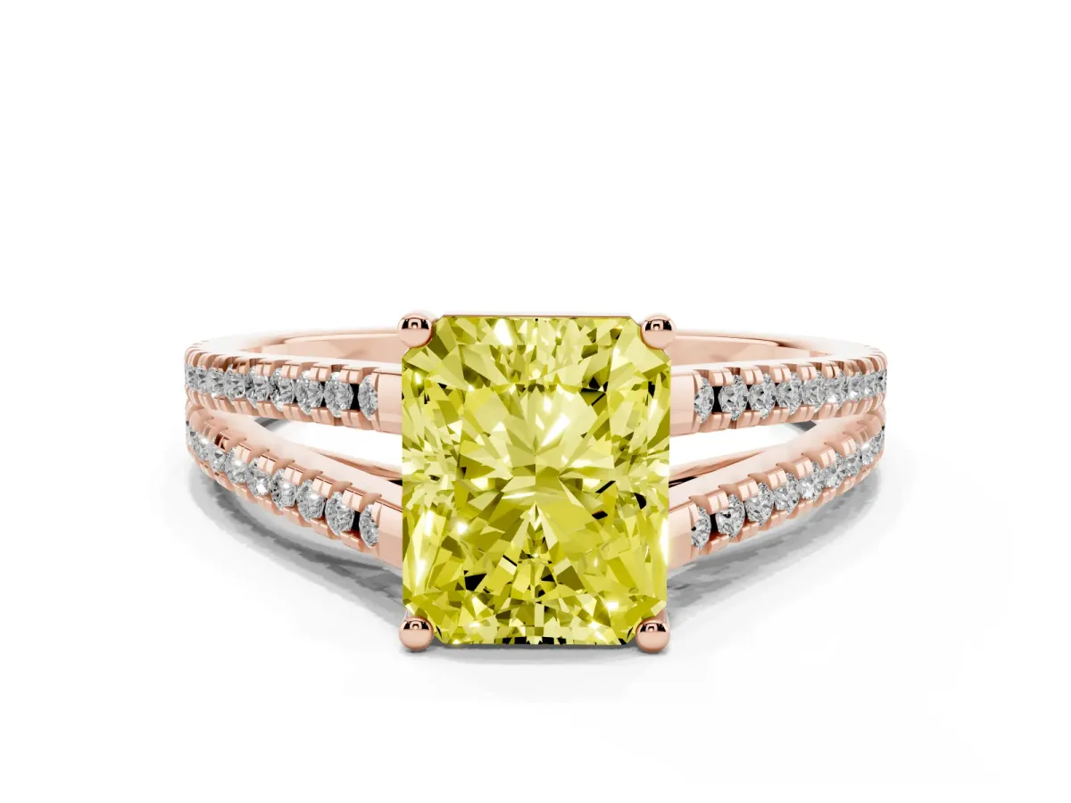 Fancy Yellow Radiant Cut Diamond Solitaire Engagement Ring with Split Shank Pavé Band Rose gold