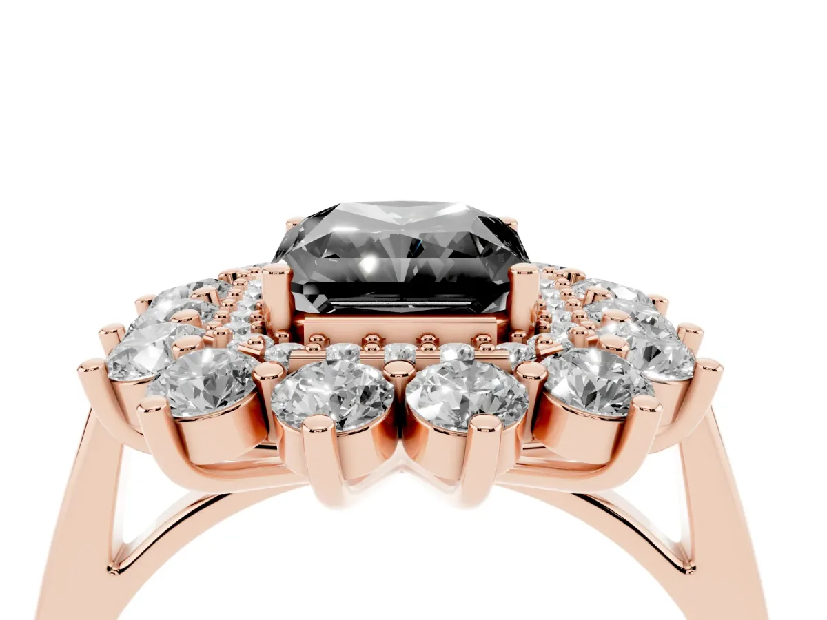 Fancy Black Radiant Cut Diamond Floral Double Halo Engagement Ring with Prong Setting Rose gold