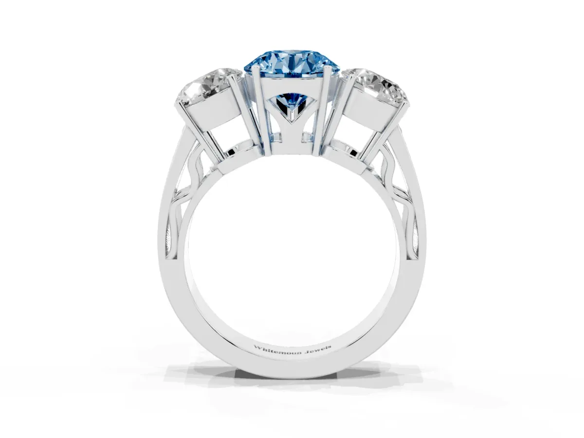 Fancy Blue Round Cut Diamond Three-Stone Ring with Prong Setting and Textured Band Platinum