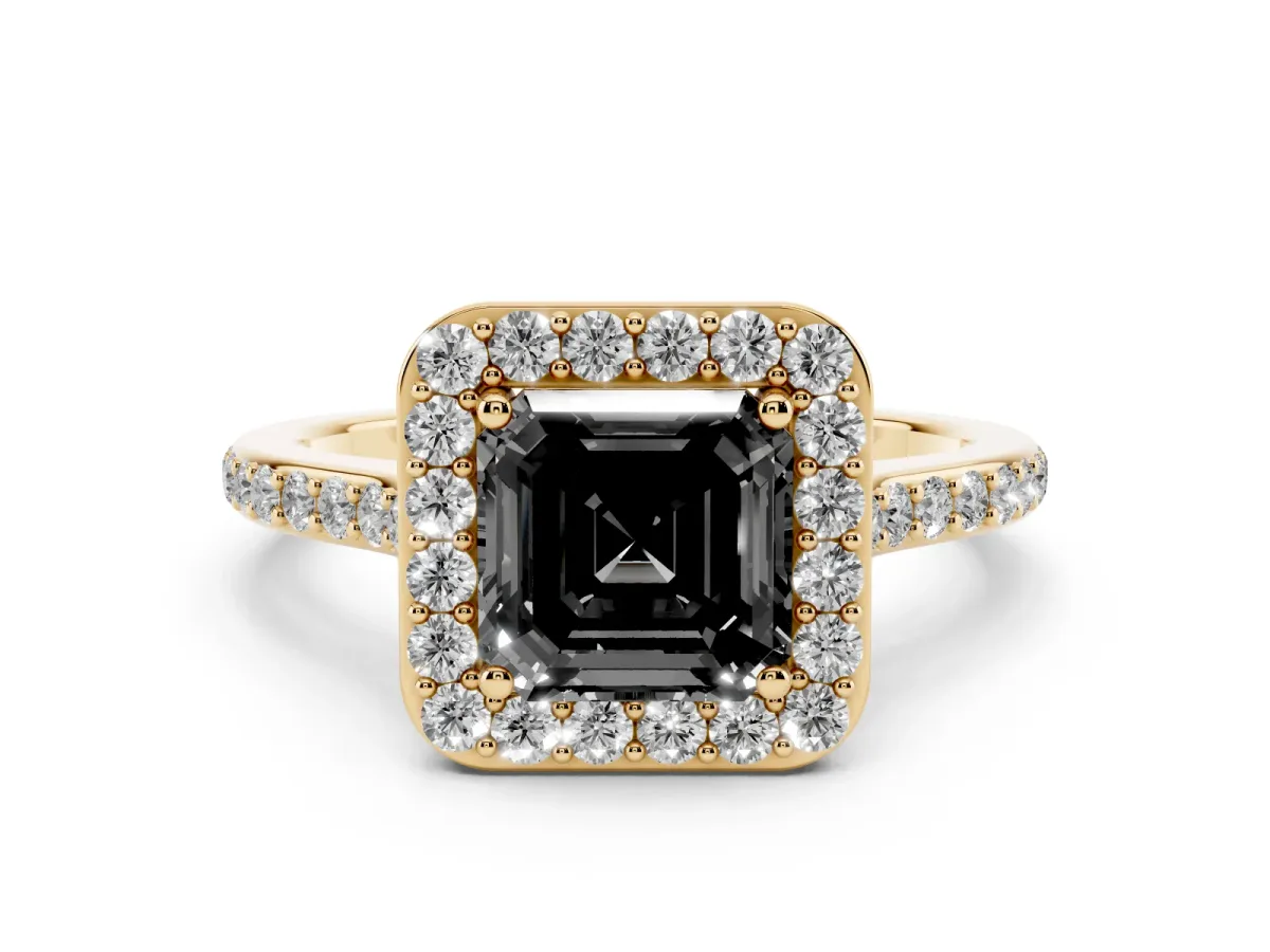 Fancy Black Asscher Cut Diamond Halo Engagement Ring with Round Pavé Shoulders and Prong Setting Yellow gold