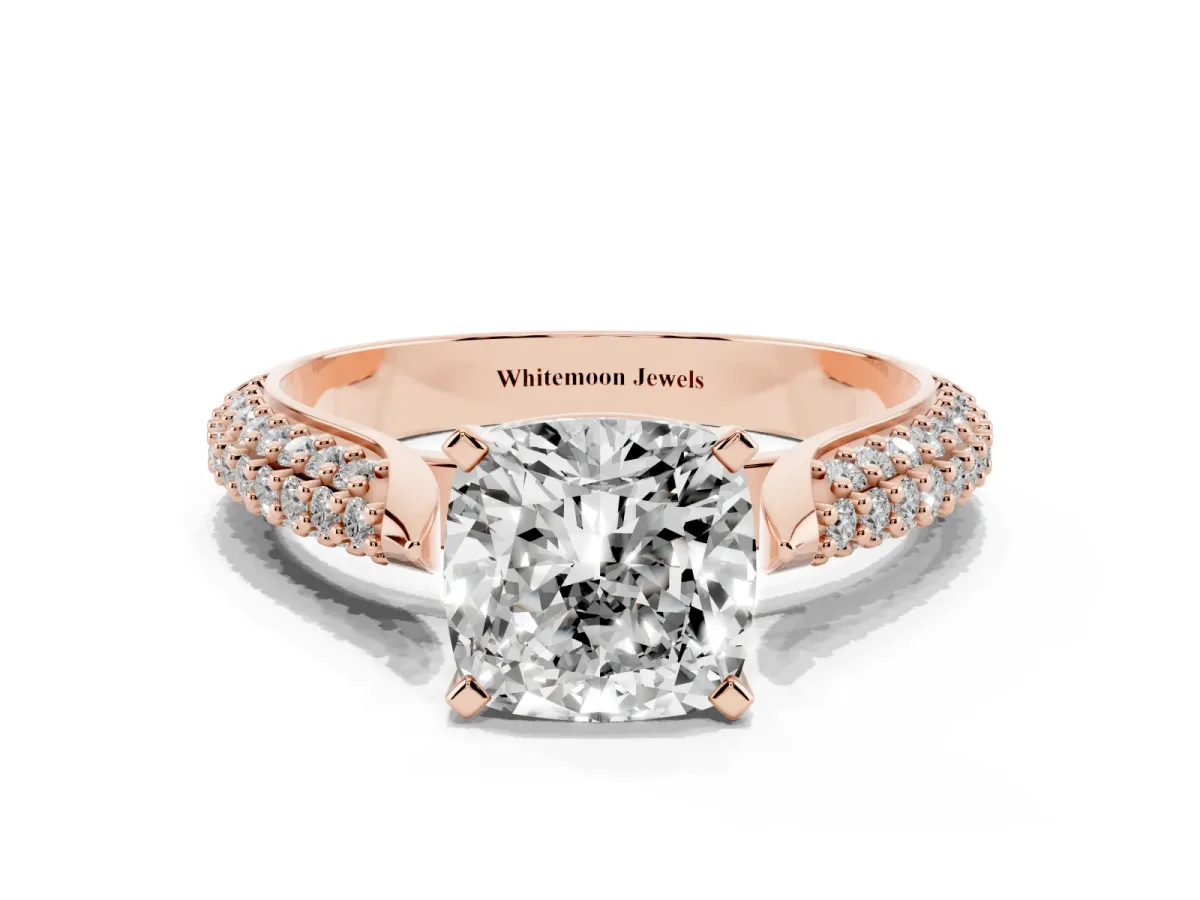 Cushion Cut Diamond Solitaire Engagement Ring with Multi-Row Round Pavé Band and Prong Setting Rose gold