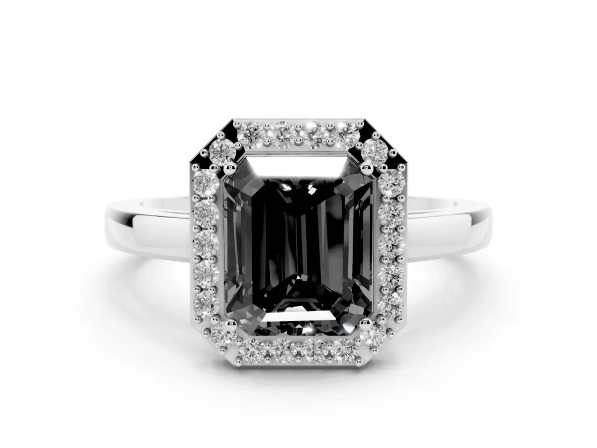 Fancy Black Radiant Cut Halo Diamond Ring with Solitaire Band and Prong Setting Platinum