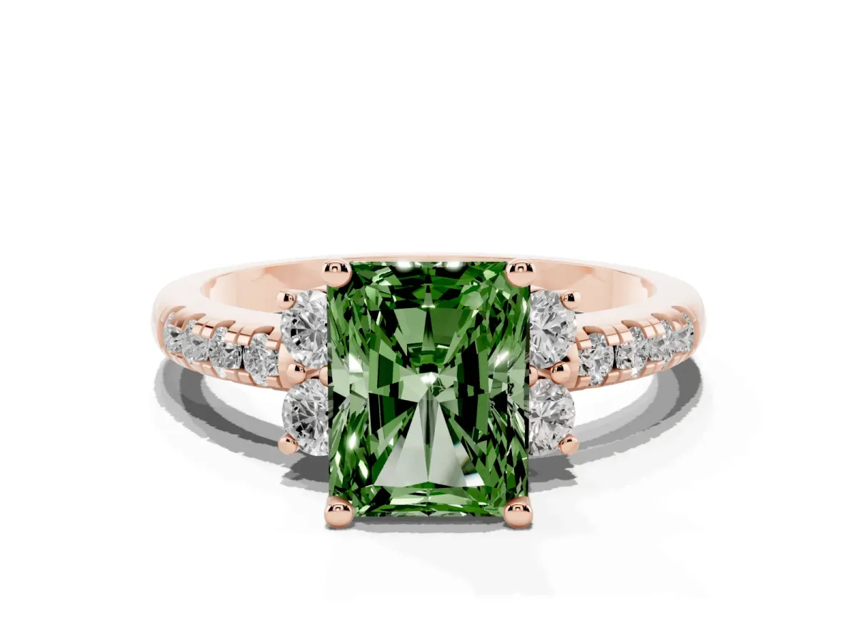 Fancy Green Radiant Cut Diamond Three-Stone Pave Band with Four-Prong Setting Rose gold