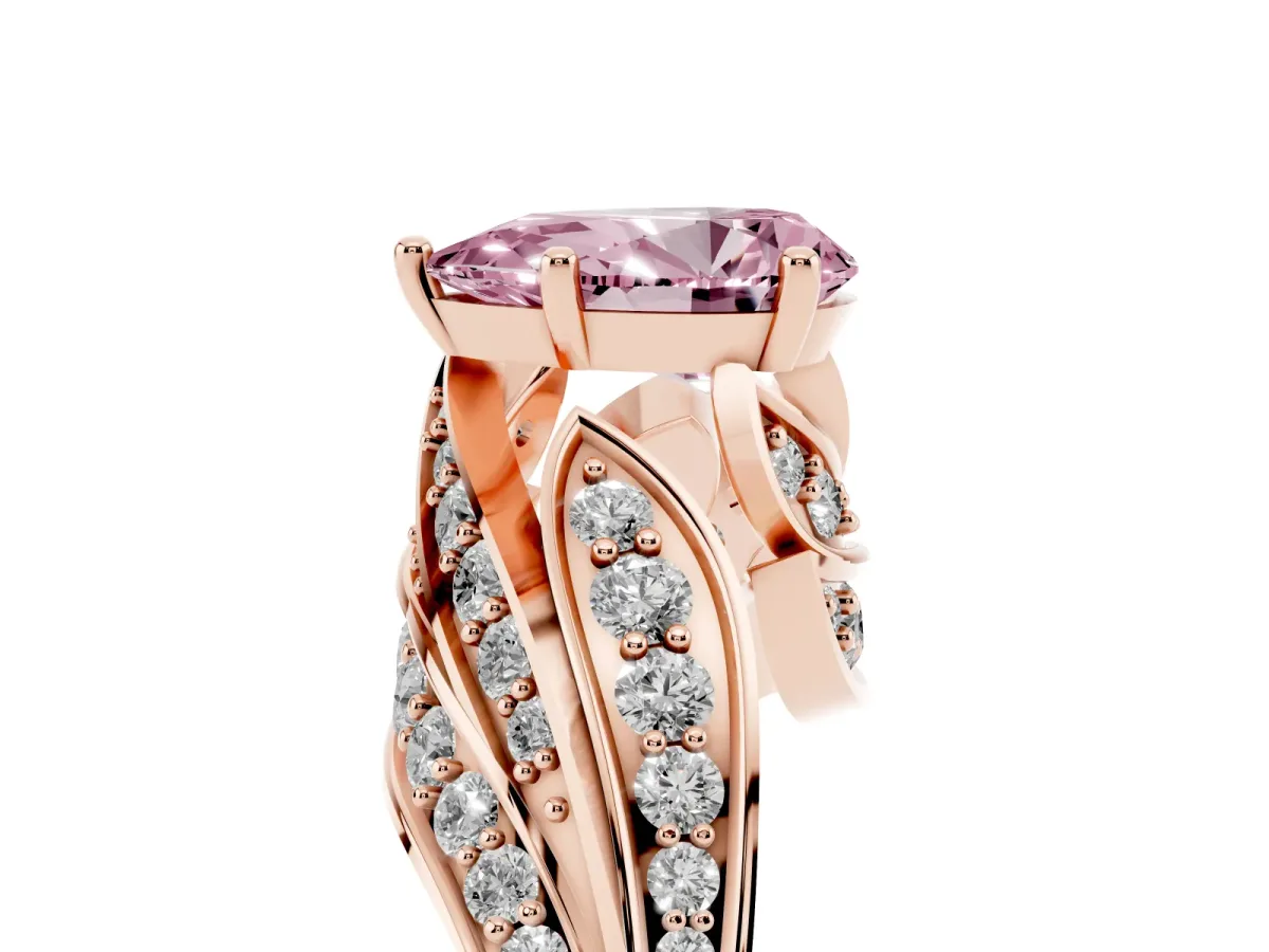 Fancy Pink Pear Cut Diamond Solitaire Ring with Prong Setting and Twisted Pavé Band Rose gold