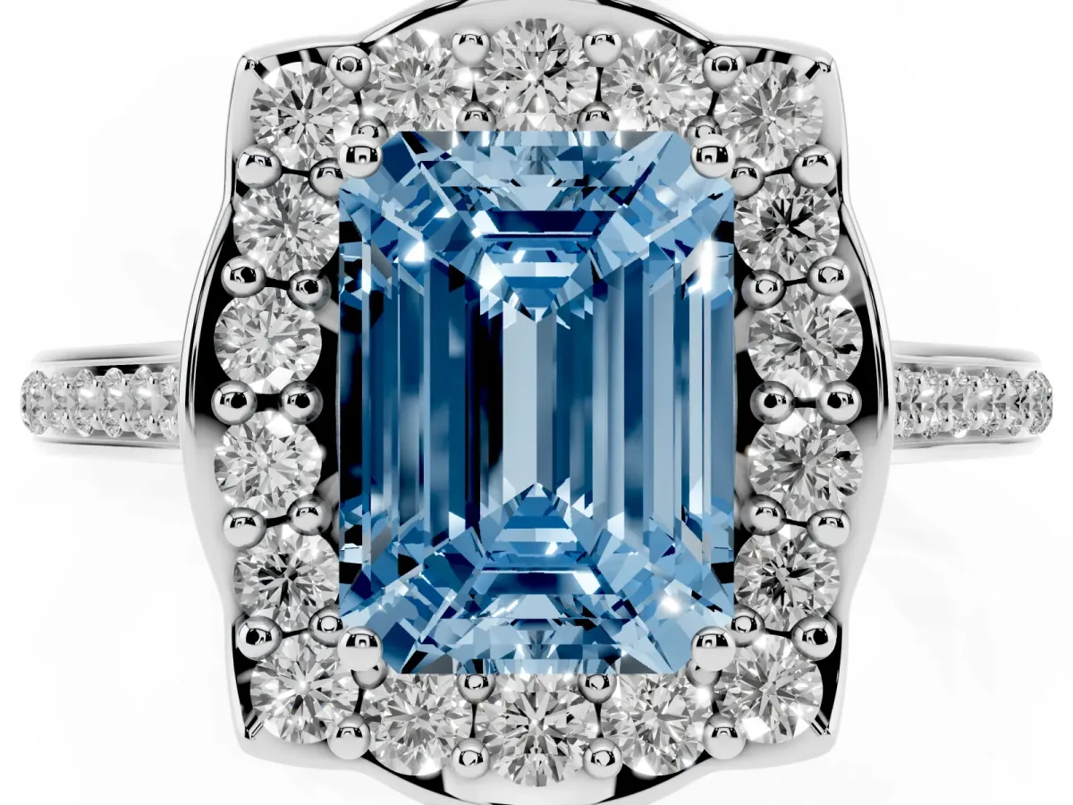 Fancy Blue Emerald Cut Halo Round Diamond Pave Band with Four-Prong Setting Silver