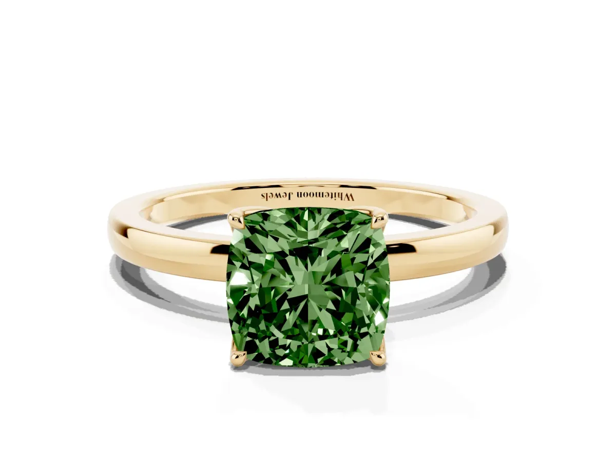 Fancy Green Cushion Cut Diamond Solitaire Ring with Thin Band and Prong Setting Yellow gold