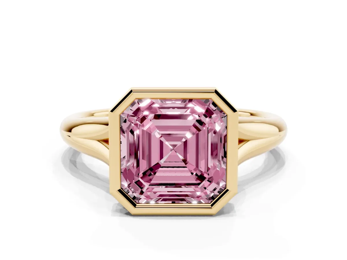 Fancy Pink Bezel Set Asscher Cut Solitaire Diamond Ring with Smooth Band Yellow gold