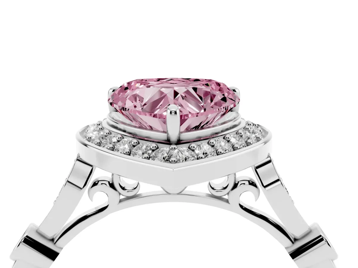 Fancy Pink Heart Cut Halo Diamond Engagement Ring with Twisted Band and Four-Prong Setting White gold