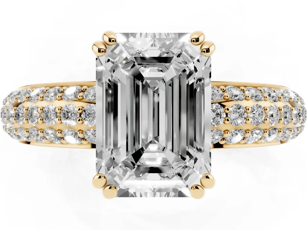 Emerald Cut Diamond Solitaire Ring with Multi-Row Round Pavé Band and Prong Setting Yellow gold