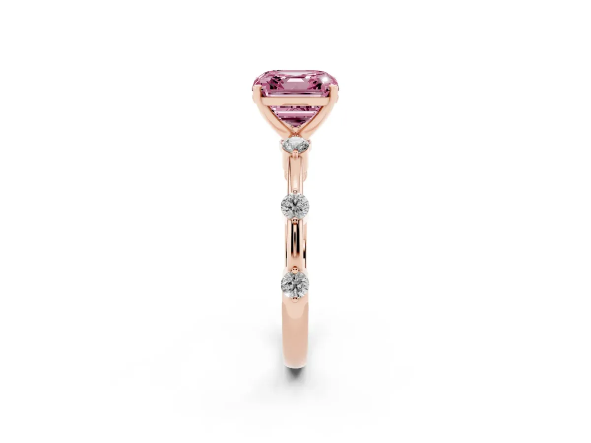 Fancy Pink Asscher Cut Solitaire Diamond Ring with Bezel Set Side Stones and Prong Setting Rose gold