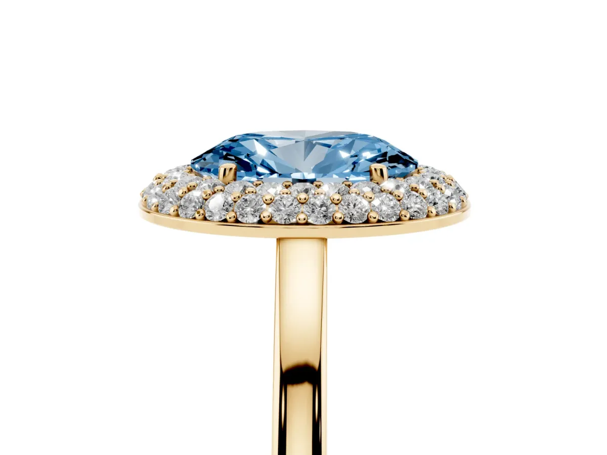 Fancy Blue Oval Cut Halo Diamond Engagement Ring with Solitaire Band and Four-Prong Setting Yellow gold