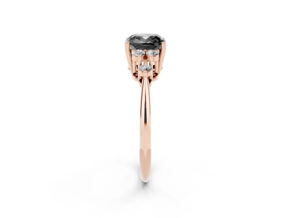Fancy Black Cushion Cut Cut Diamond Cluster Ring with Solitaire Band and Four-Prong Setting Rose gold