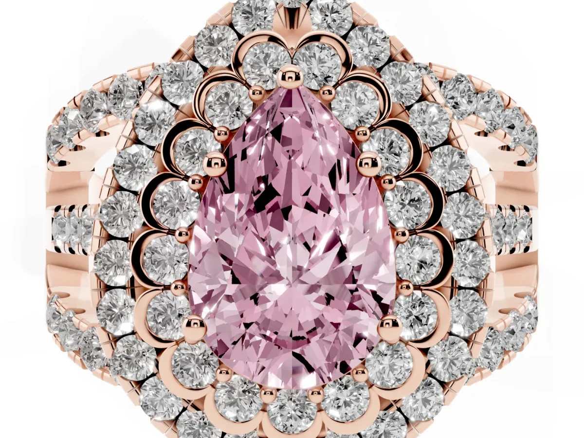 Fancy Pink Pear Cut Diamond Double Halo Ring with Round Pavé Split Shank and Prong Setting Rose gold