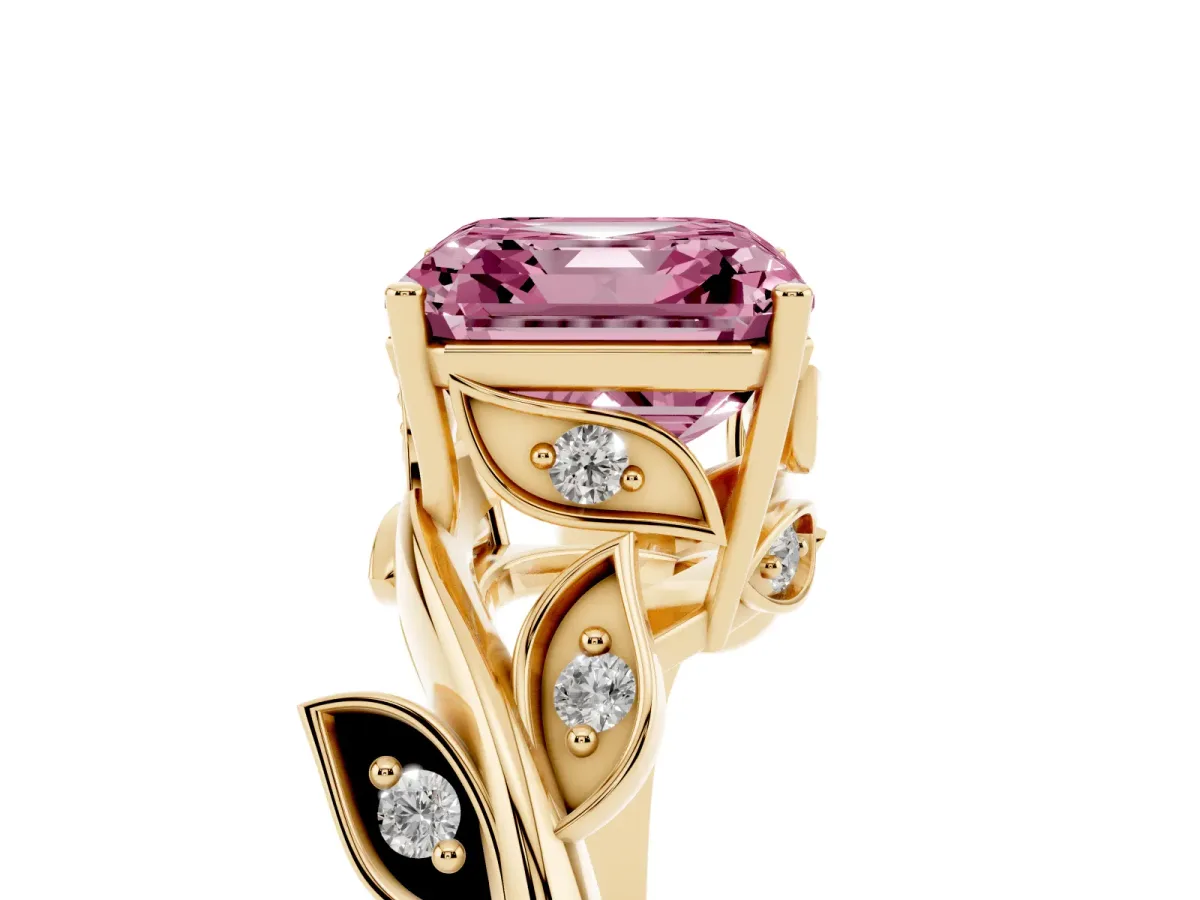 Fancy Pink Asscher Cut Solitaire Twist Engagement Ring with Leaf Accents and Prong Setting Yellow gold