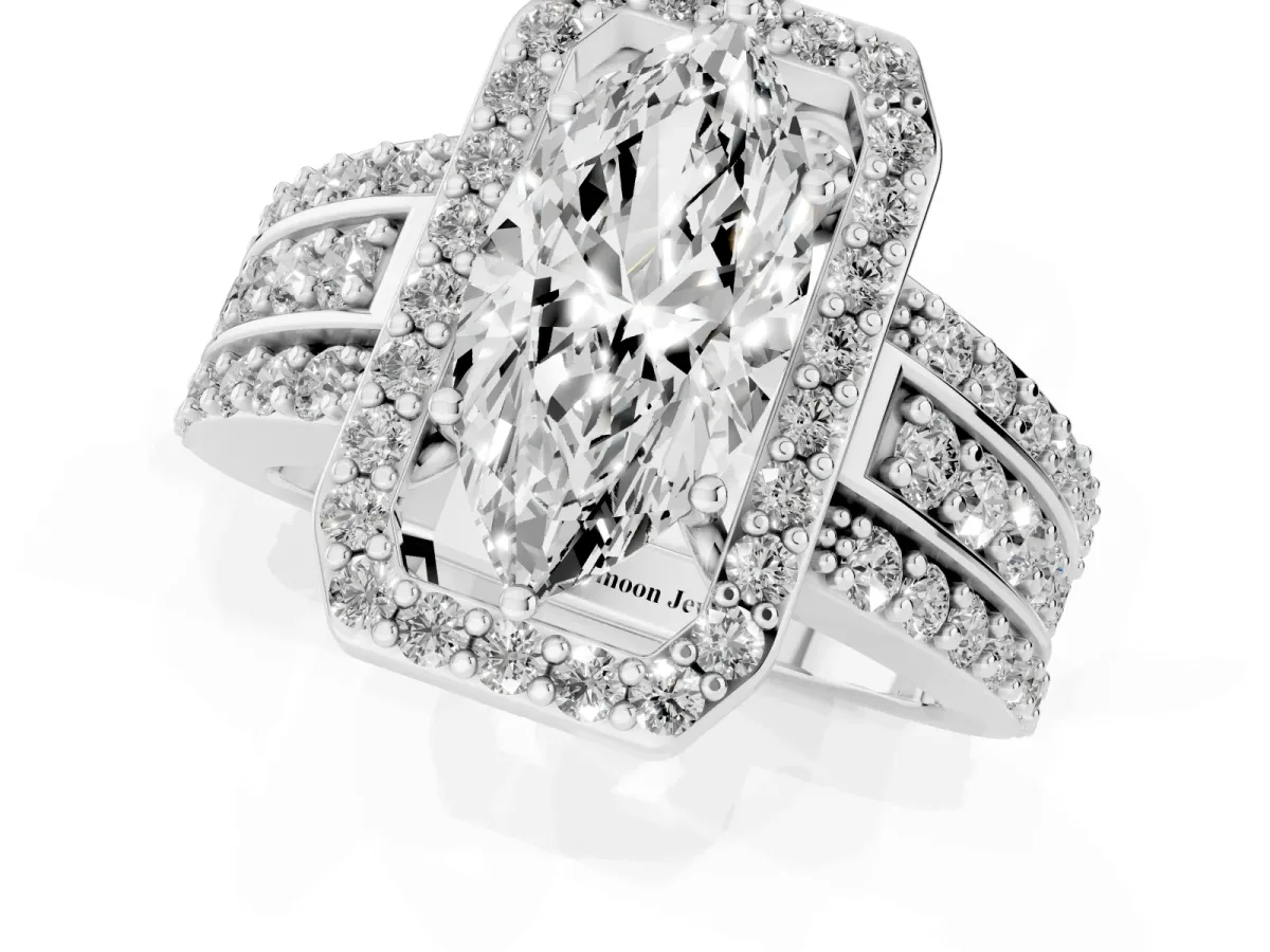 Marquise Cut Halo Diamond Ring with Round Split Shank and Prong Setting Silver