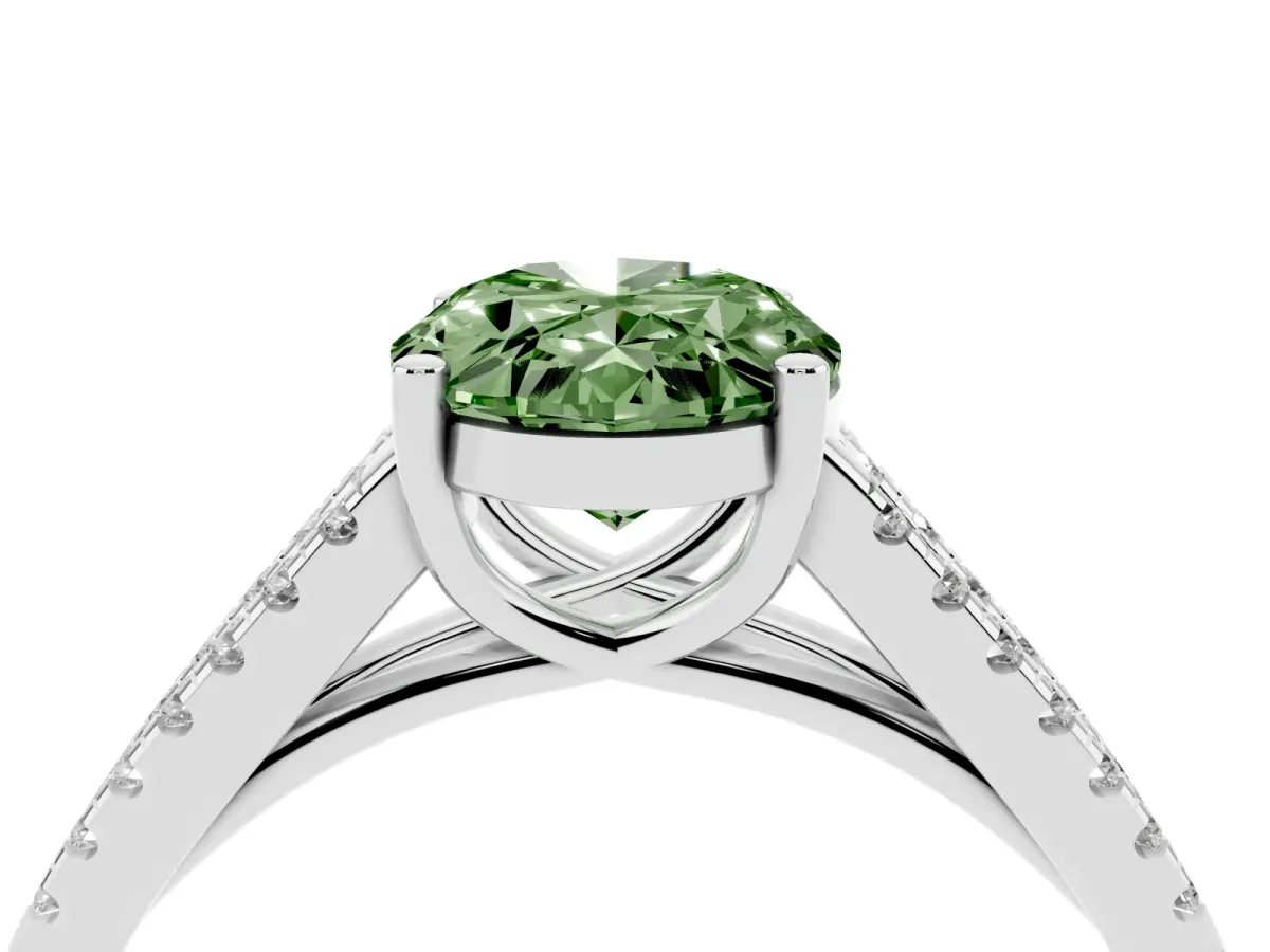 Fancy Green Oval Cut Diamond Solitaire Engagement Ring with Split Shank Pavé Band Platinum