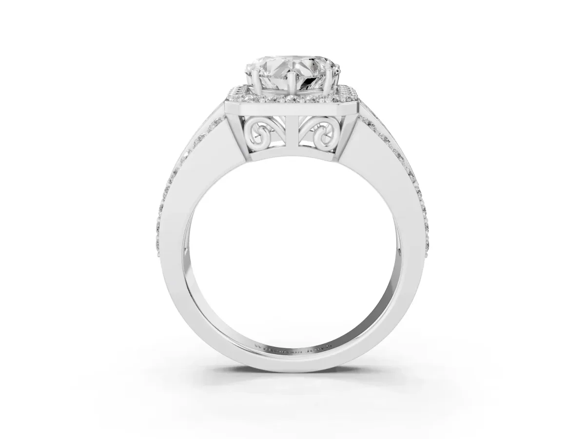 Heart Cut Halo Diamond Ring with Round Split Shank and Prong Setting Platinum