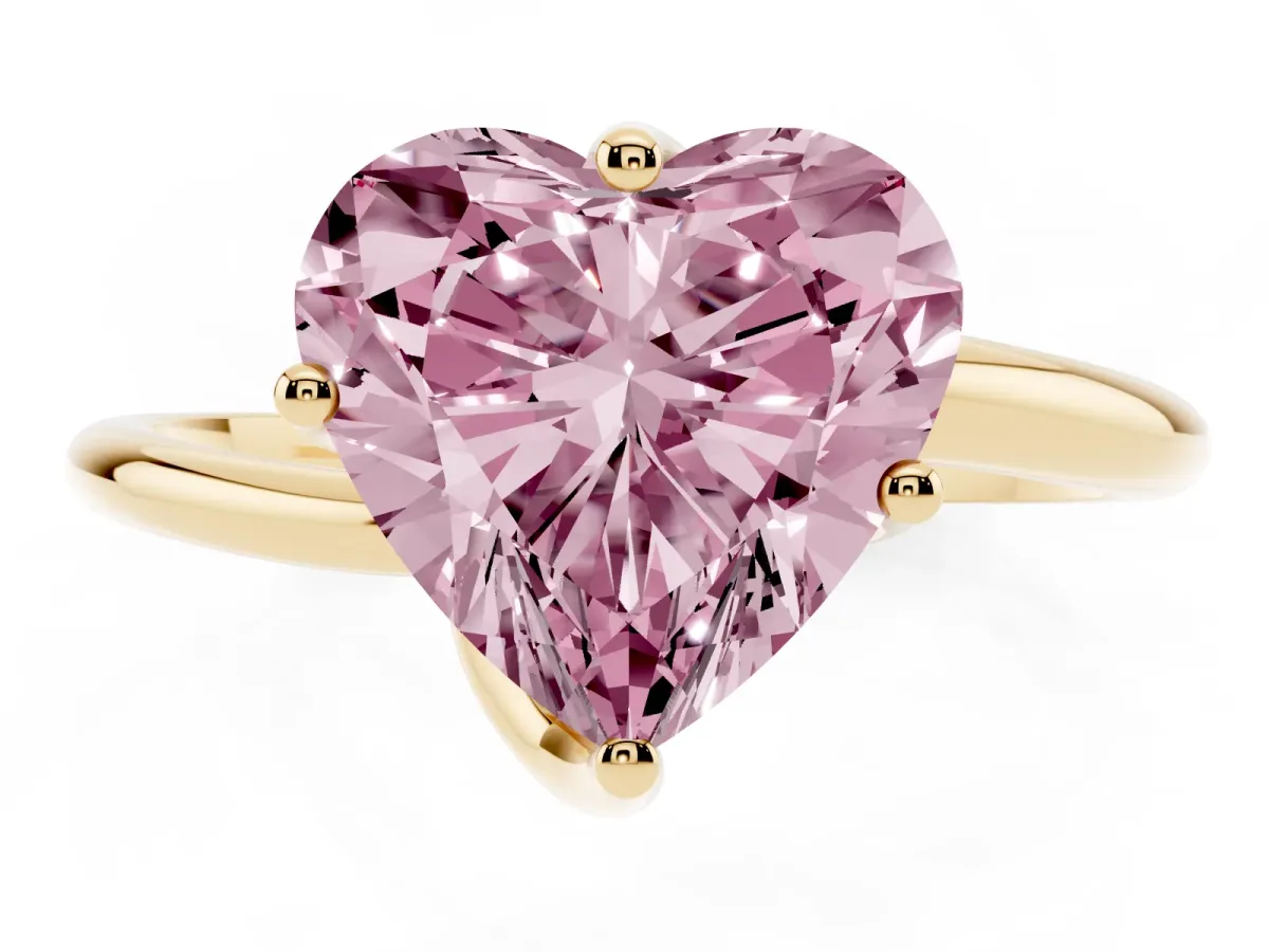 Fancy Pink Heart Cut Diamond Solitaire Engagement Ring with Four-Prong Setting and Classic Band Yellow gold