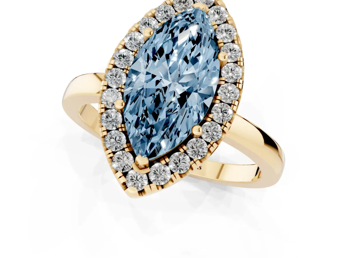 Fancy Blue Marquise Cut Halo Diamond Solitaire with Pavé Band and Four-Prong Setting Yellow gold