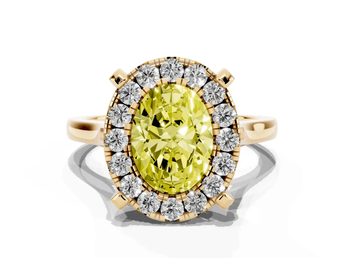 Fancy Yellow Oval Cut Diamond Cluster Halo Solitaire with Four-Prong Setting Yellow gold